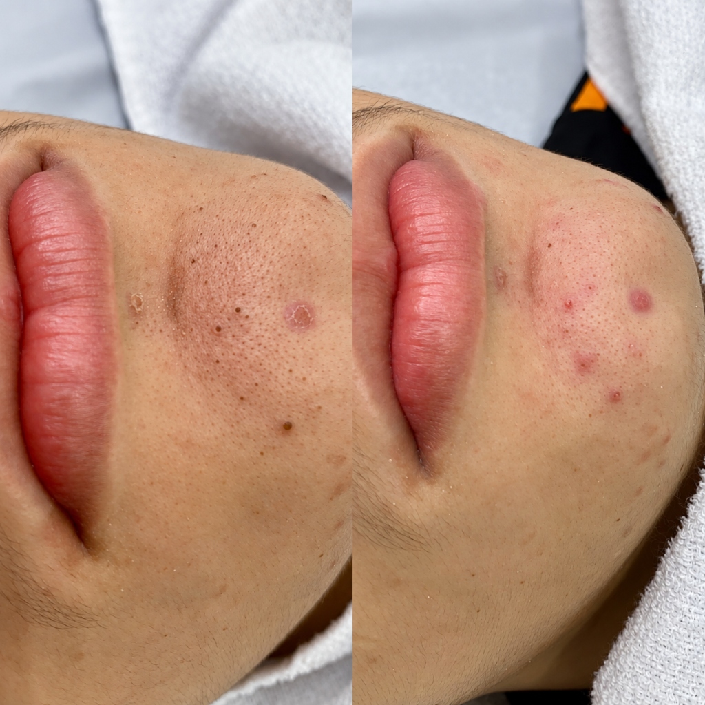 Comparativo de limpeza de pele na região do queixo antes e depois